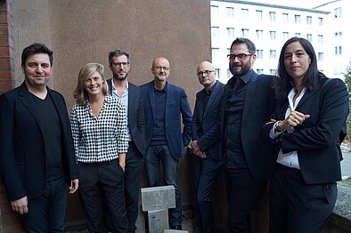Moderator Czaja mit den Referenten Kaestle und Böttger, Sektionsvorsitzendem Plöderl und den Referenten Kaden, Zoderer und Brakebusch © Foto: Arch+Ing